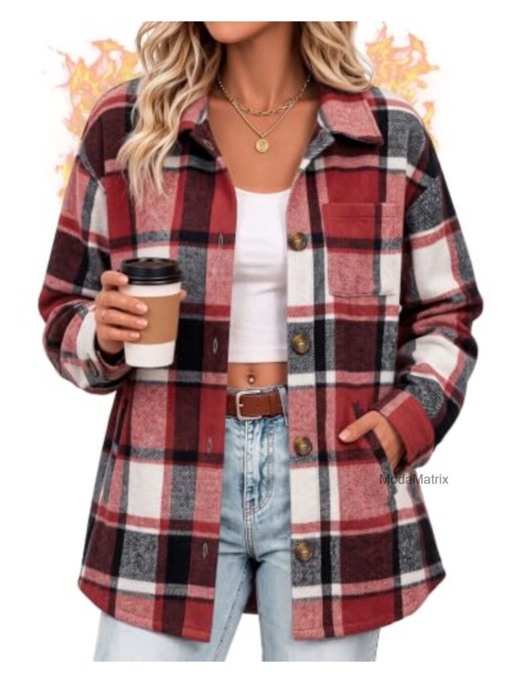 Flannel Plaid Shacket Women Oversized Button Long Sleeve Jacket